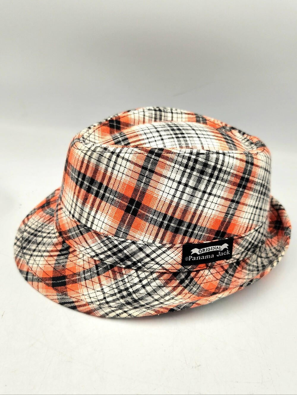 Panama Jack Plaid Fedora Hat Orange Black White Short Brim Mens L Tartan